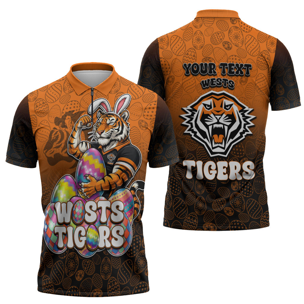 Personalized Wests Tigers Zipper Polo Shirt Easter Mascot - Colorful Eggs Cartoon Style