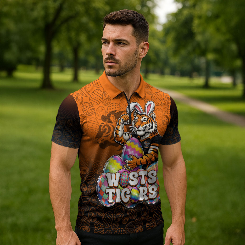 Personalized Wests Tigers Zipper Polo Shirt Easter Mascot - Colorful Eggs Cartoon Style