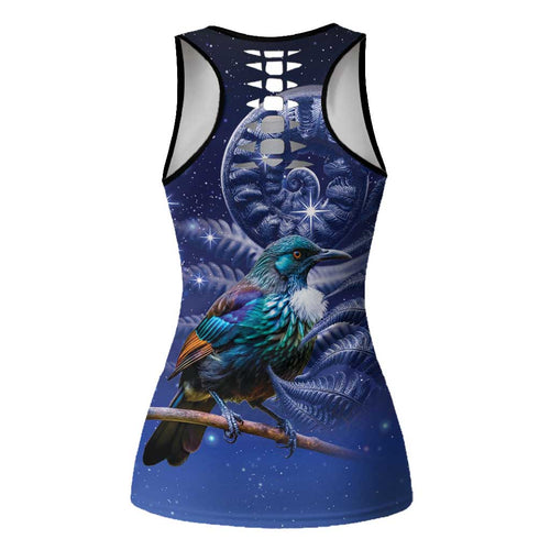 Tui Bird Matariki Galaxy Hollow Tank Top Koru Silver Fern Aotearoa