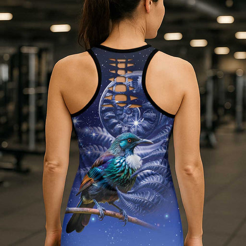 Tui Bird Matariki Galaxy Hollow Tank Top Koru Silver Fern Aotearoa