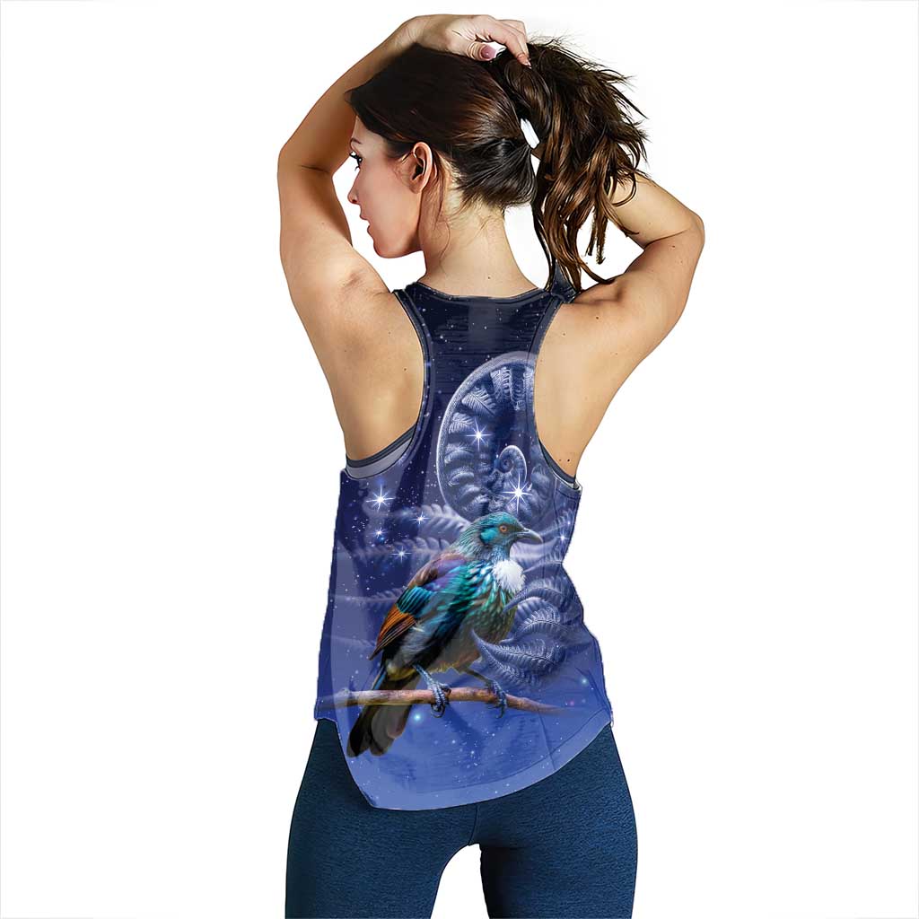Tui Bird Matariki Galaxy Women Racerback Tank Koru Silver Fern Aotearoa