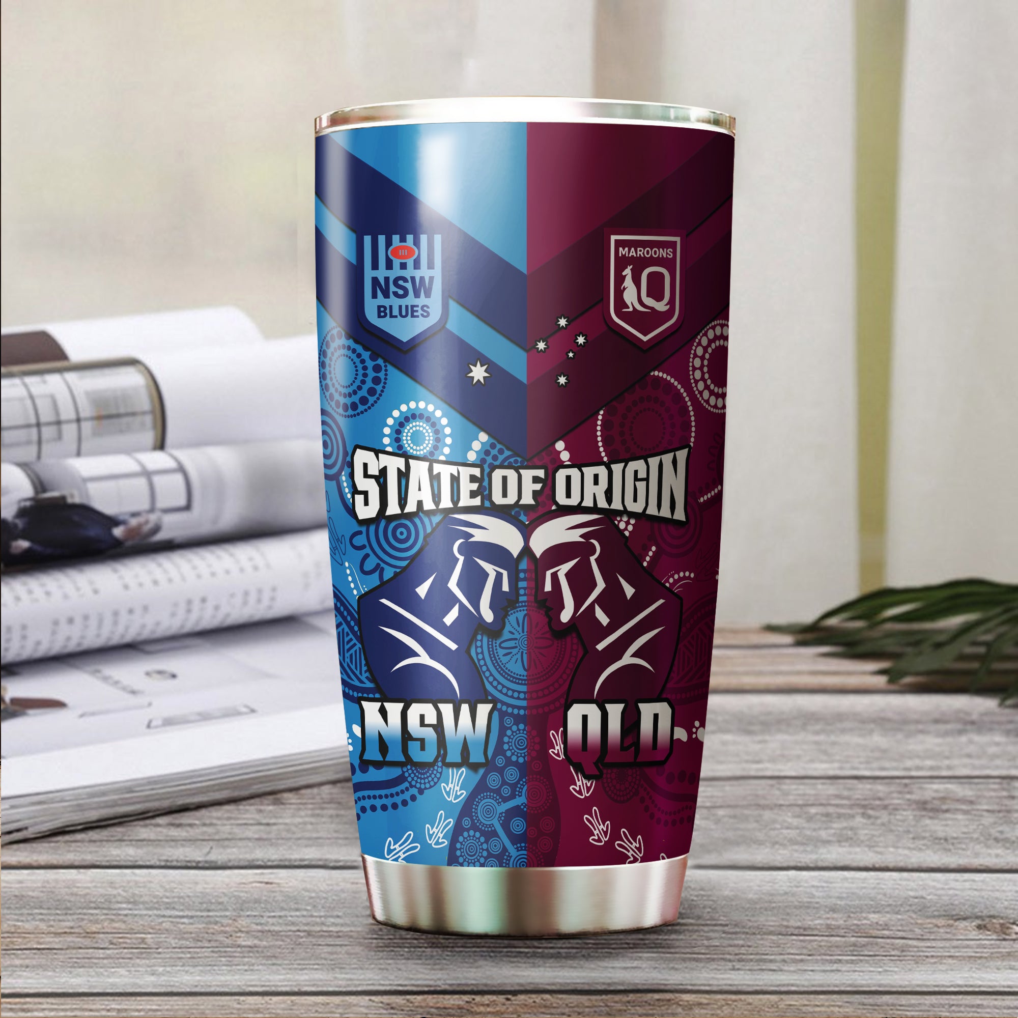 QLD Maroons And NSW Blues Rugby Tumbler State of Origin Indigenous LT14