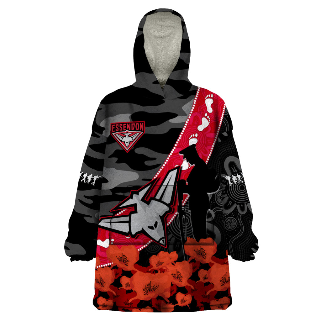 (Custom Text And Number) Essendon Football ANZAC 2023 Wearable Blanket Hoodie Bombers Aboriginal Mix Poppy Camouflage LT14