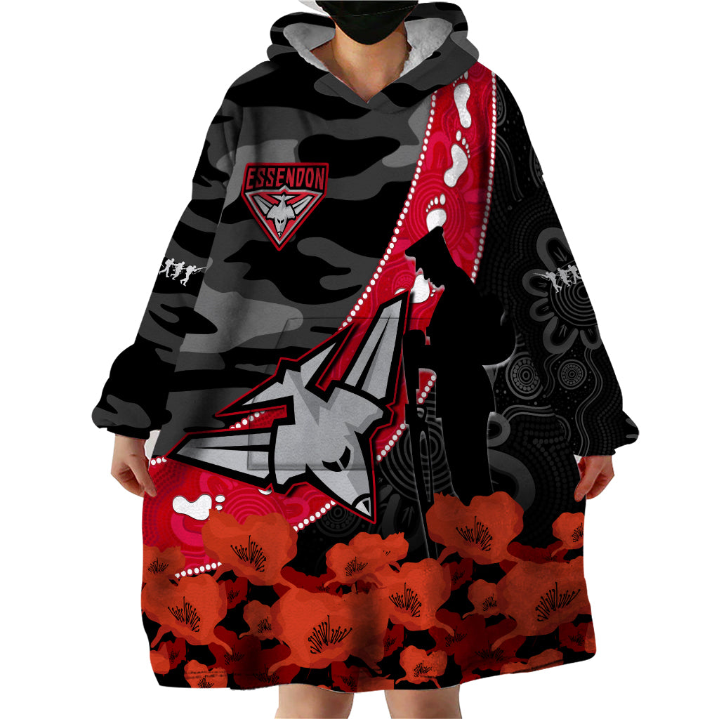 (Custom Text And Number) Essendon Football ANZAC 2023 Wearable Blanket Hoodie Bombers Aboriginal Mix Poppy Camouflage LT14