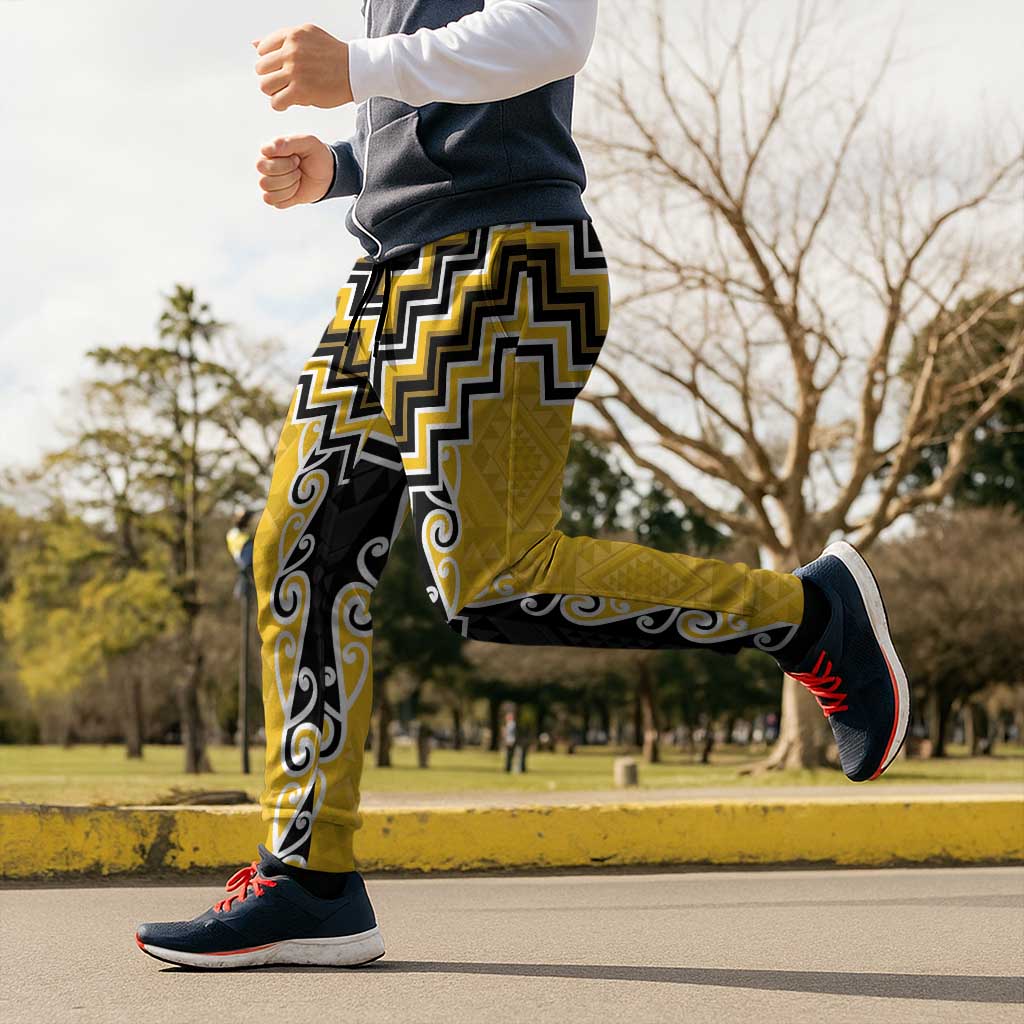 Yellow Niho Taniwha Mix Poutama Jogger Pants Unique Taniko Aotearoa - Aussie Hoodie