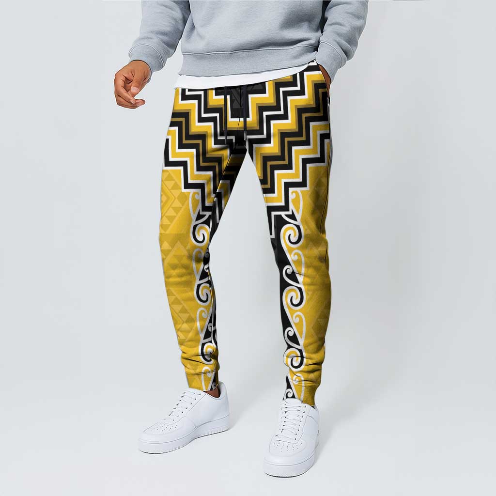 Yellow Niho Taniwha Mix Poutama Jogger Pants Unique Taniko Aotearoa - Aussie Hoodie