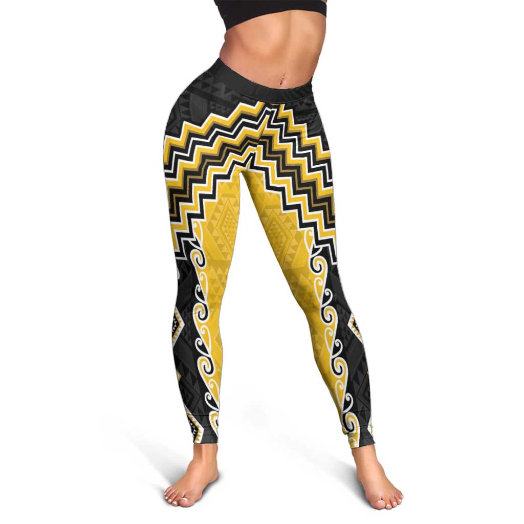 Yellow Niho Taniwha Mix Poutama Leggings Unique Taniko Aotearoa - Aussie Hoodie
