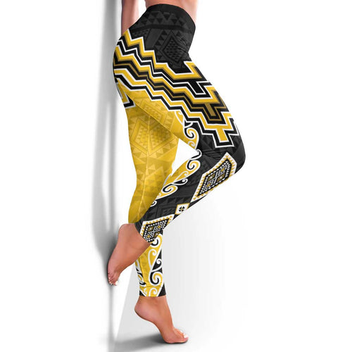 Yellow Niho Taniwha Mix Poutama Leggings Unique Taniko Aotearoa - Aussie Hoodie