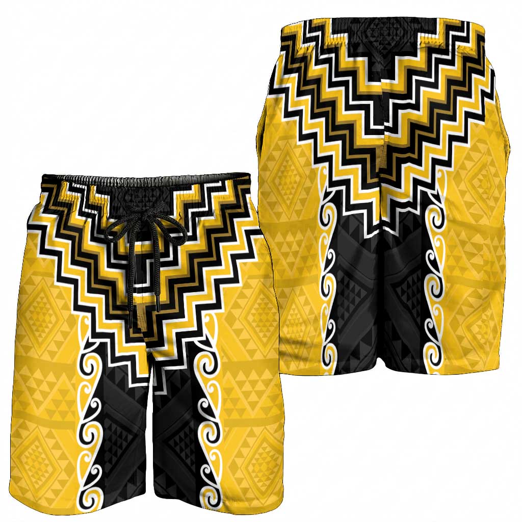 Yellow Niho Taniwha Mix Poutama Shorts for Men Unique Taniko Aotearoa - Aussie Hoodie