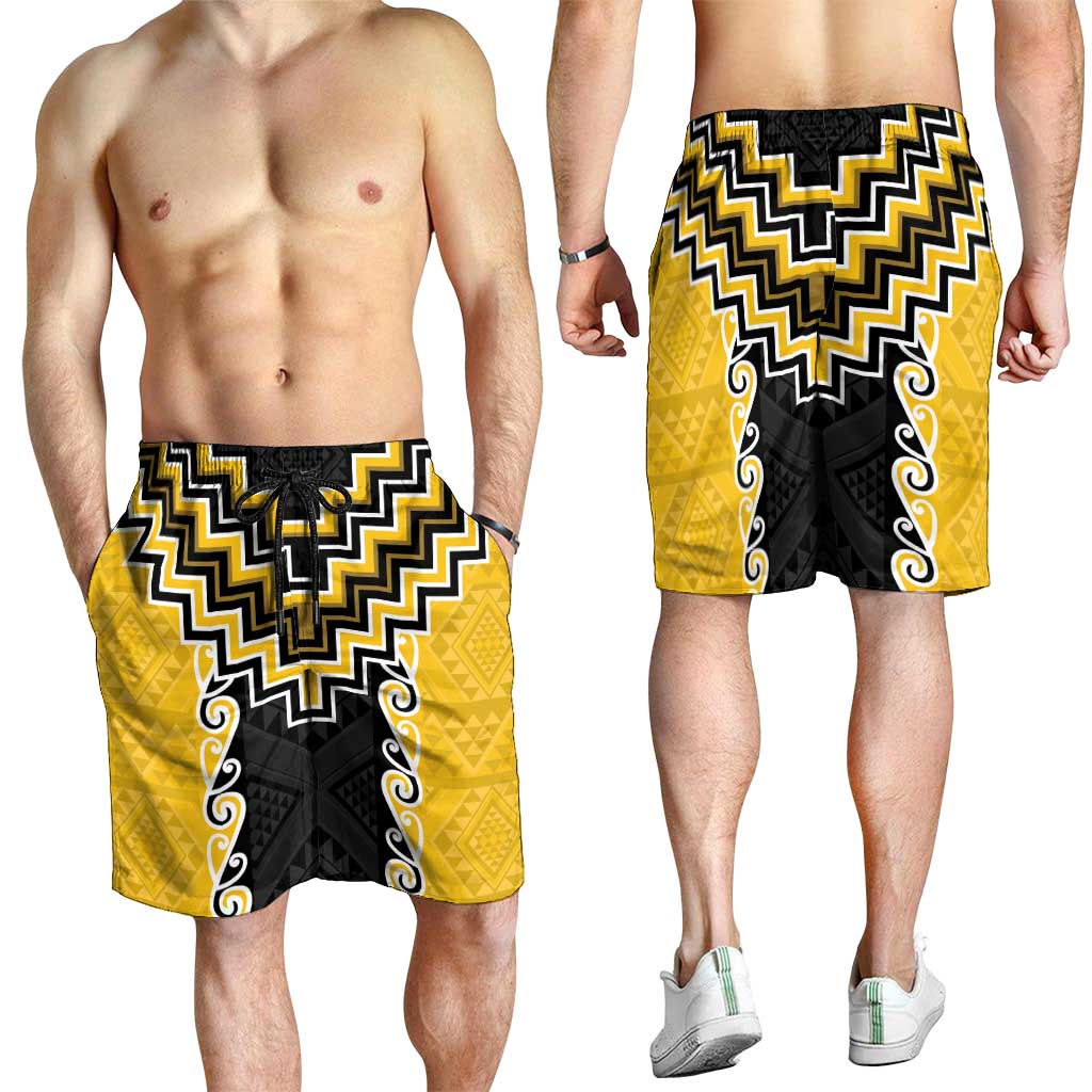 Yellow Niho Taniwha Mix Poutama Shorts for Men Unique Taniko Aotearoa - Aussie Hoodie
