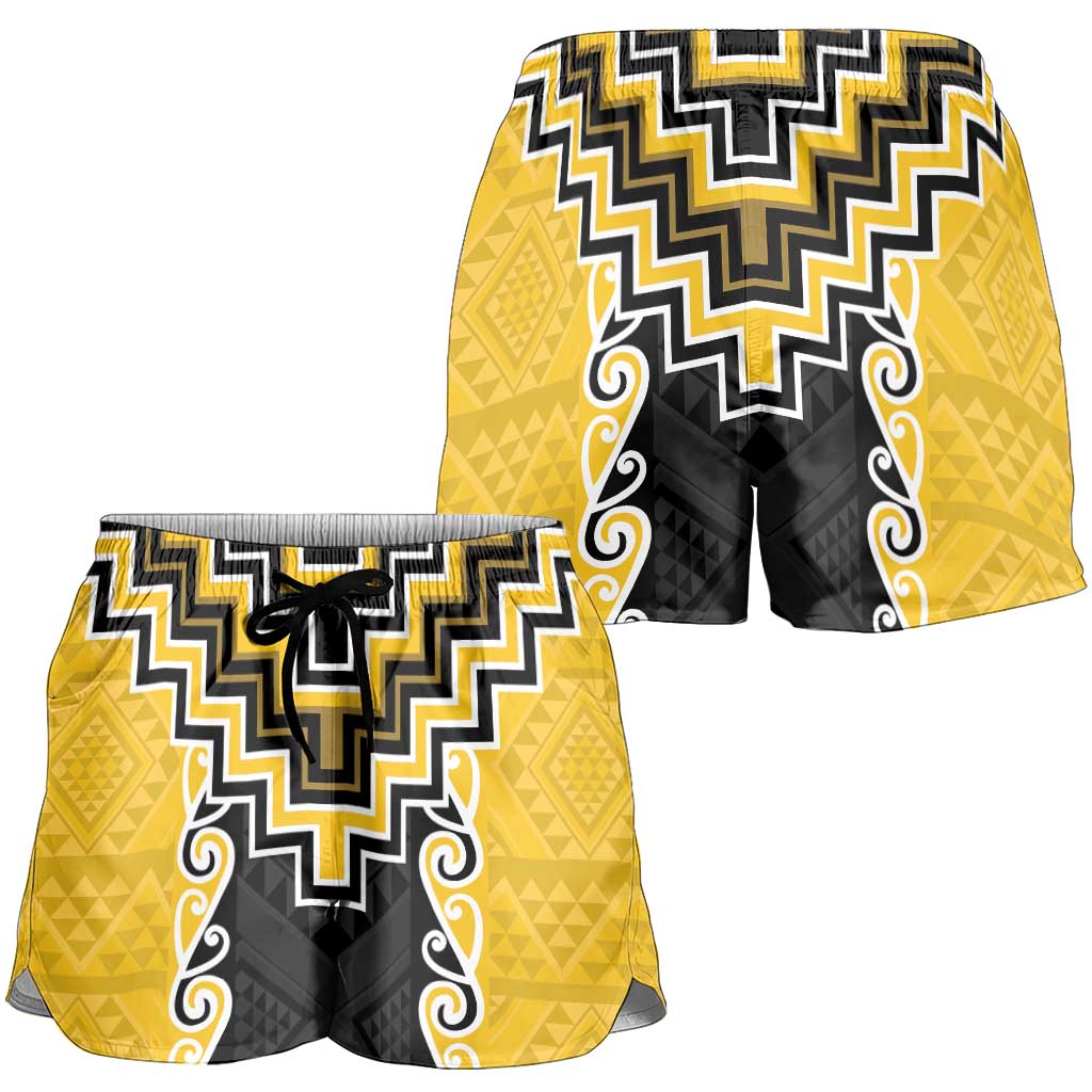 Yellow Niho Taniwha Mix Poutama Shorts for Women Unique Taniko Aotearoa - Aussie Hoodie
