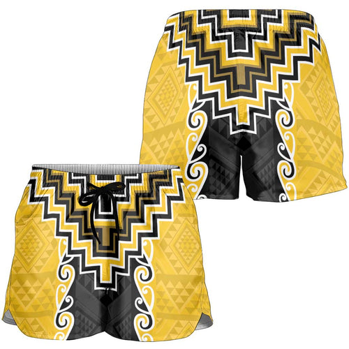 Yellow Niho Taniwha Mix Poutama Shorts for Women Unique Taniko Aotearoa - Aussie Hoodie