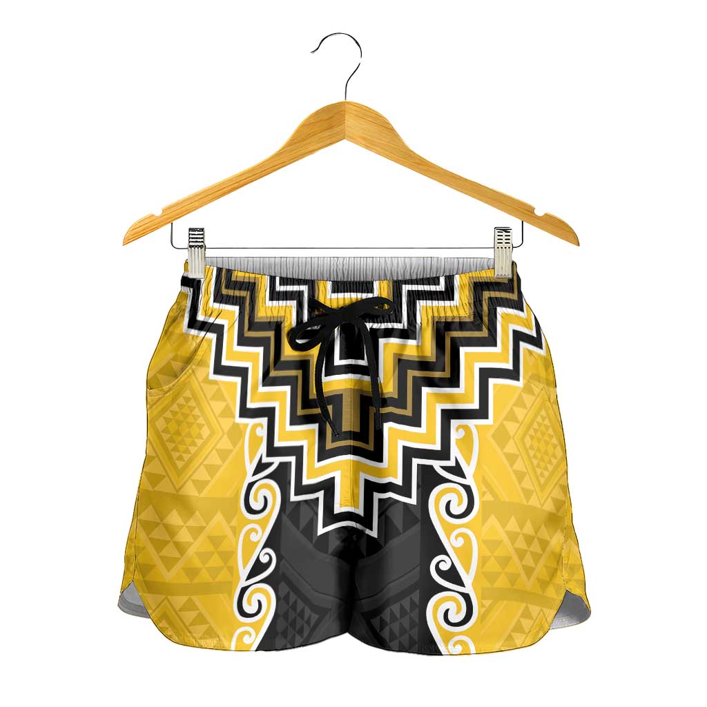 Yellow Niho Taniwha Mix Poutama Shorts for Women Unique Taniko Aotearoa - Aussie Hoodie