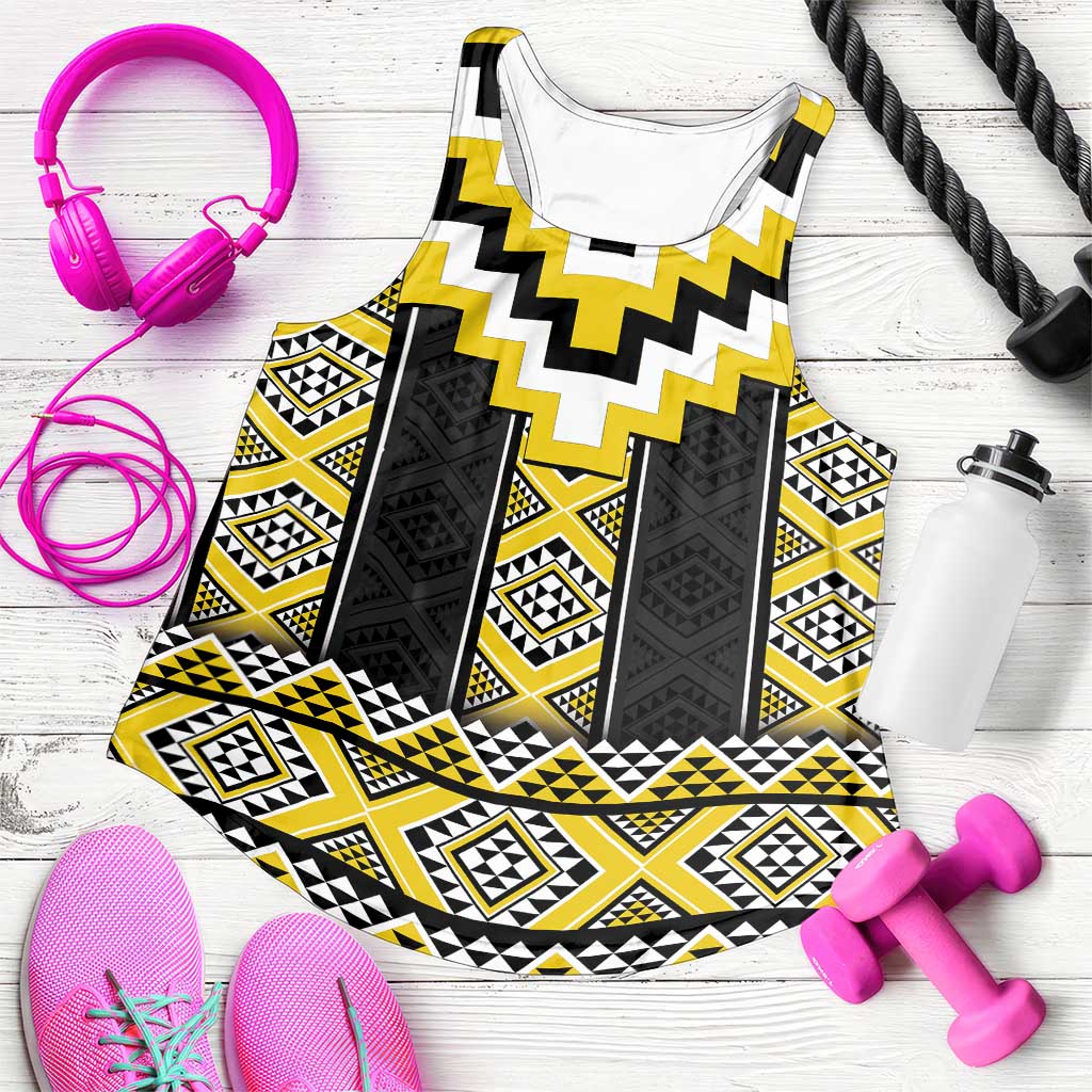Yellow Taniko Aotearoa Women Racerback Tank Niho Taniwha Mix Poutama