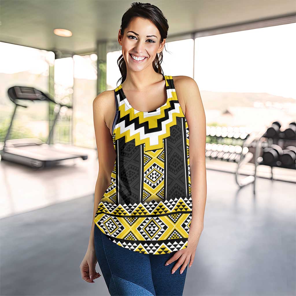 Yellow Taniko Aotearoa Women Racerback Tank Niho Taniwha Mix Poutama