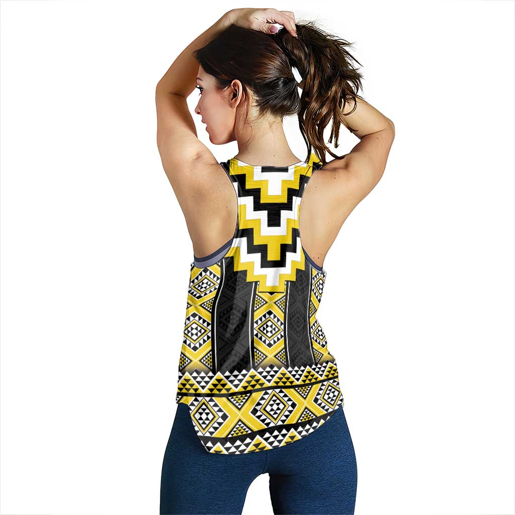 Yellow Taniko Aotearoa Women Racerback Tank Niho Taniwha Mix Poutama