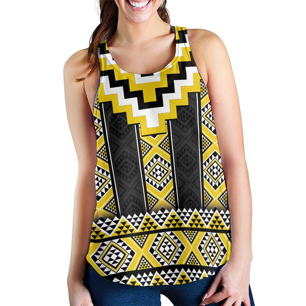 Yellow Taniko Aotearoa Women Racerback Tank Niho Taniwha Mix Poutama
