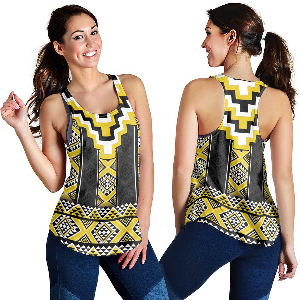 Yellow Taniko Aotearoa Women Racerback Tank Niho Taniwha Mix Poutama