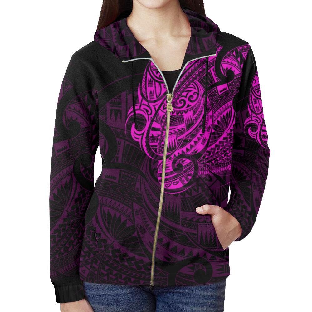 new-zealand-maori-tattoo-all-over-print-zip-up-pink-hoodie