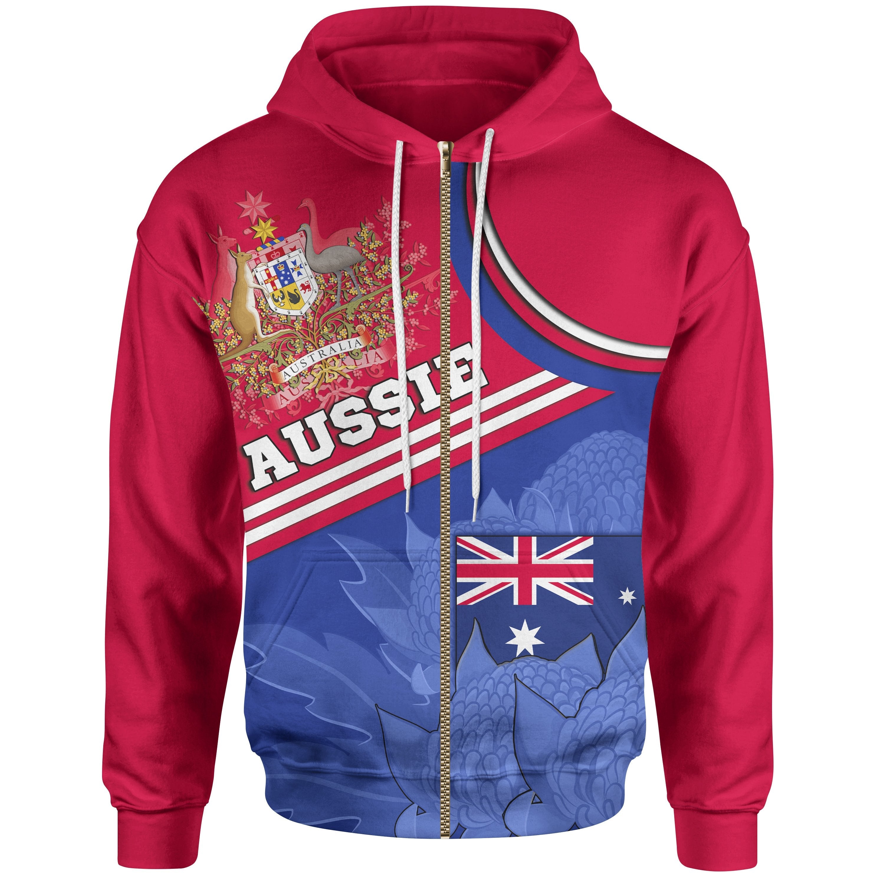 Zip-up Hoodie - Aus Flag and Coat of Arms Zip Hoodie Waratah Flowers