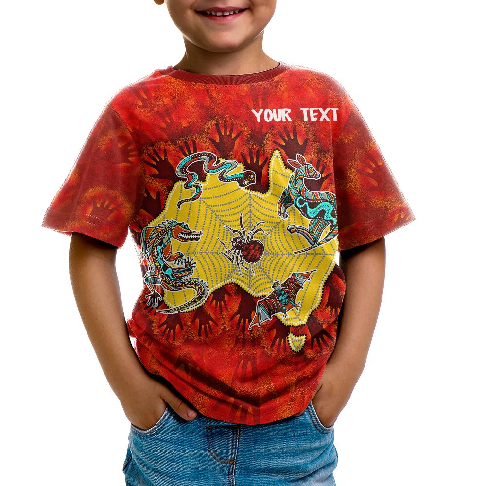 custom-aboriginal-kid-t-shirts-australia-map-hand-patterns-spider-web