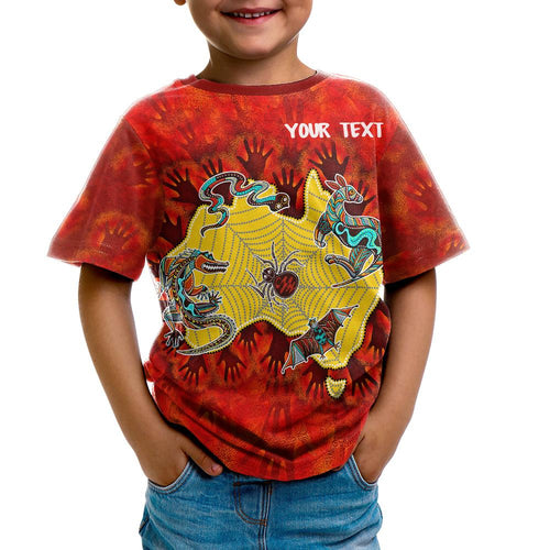 custom-aboriginal-kid-t-shirts-australia-map-hand-patterns-spider-web