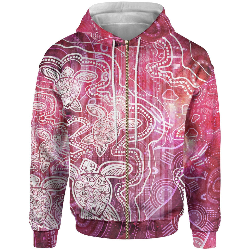 aboriginal-hoodie-zip-up-sea-turtle-with-indigenous-patterns-pink