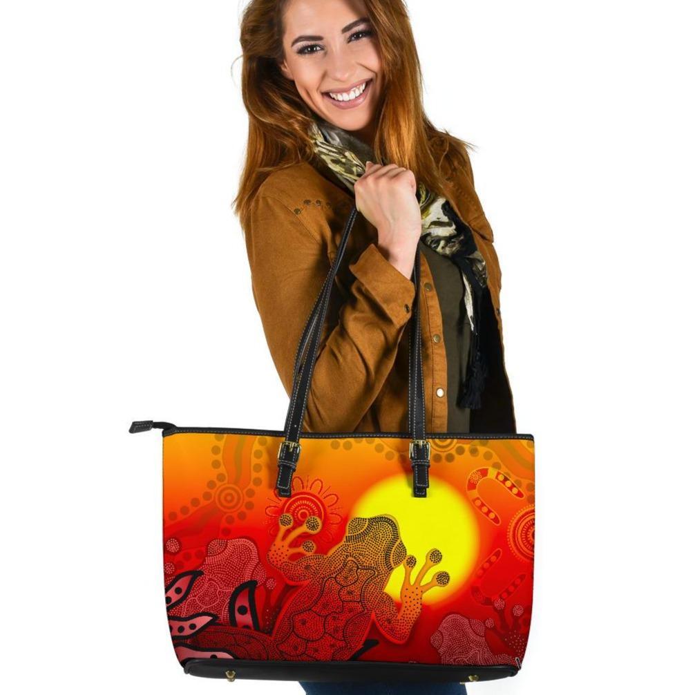 aboriginal-leather-tote-bag-indigenous-frog-red