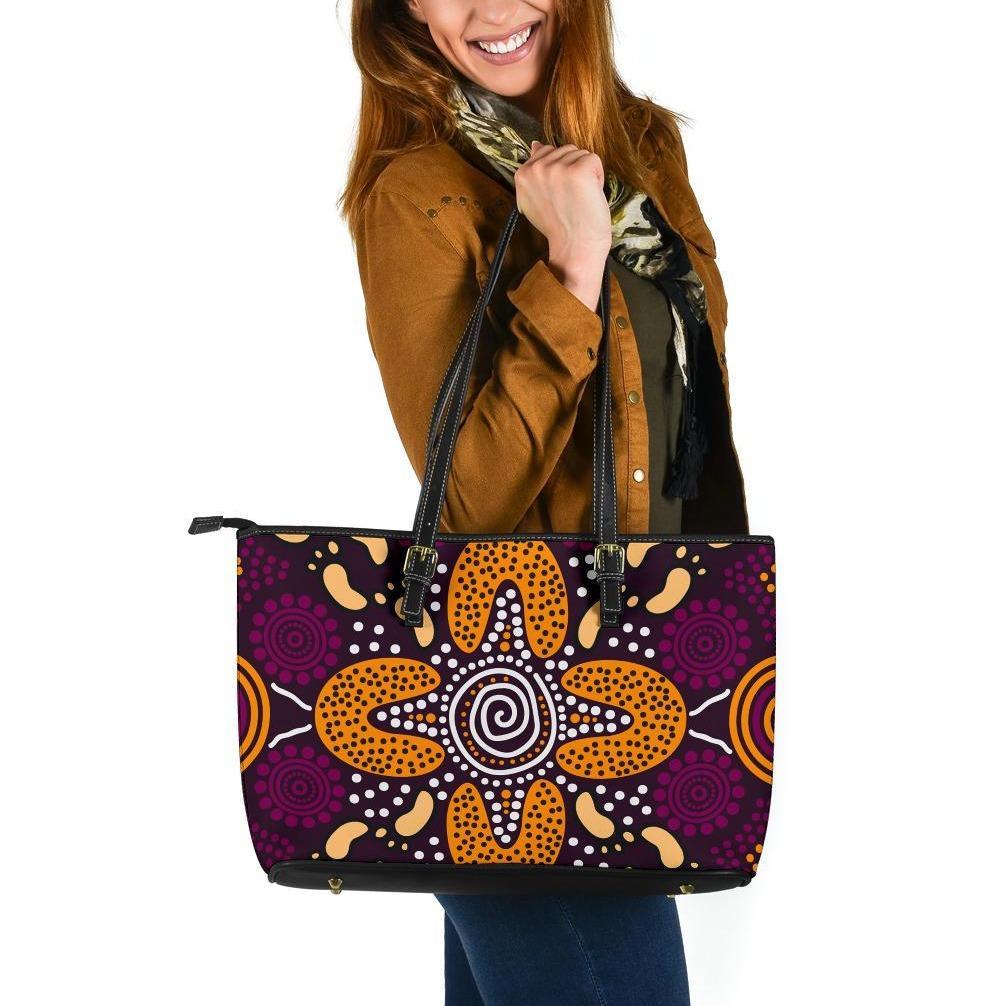 aboriginal-large-leather-tote-bag-flowers-dot-panting-art