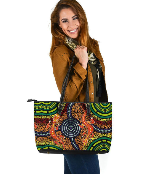 1st-australia-large-leather-tote-bag-aboriginal-two-lizards-dot-painting-circle