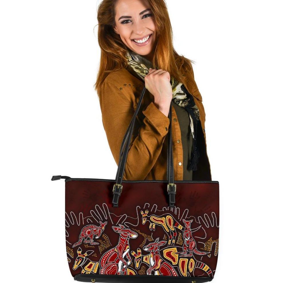 aboriginal-leather-tote-bag-kangaroo-family-with-hand-art