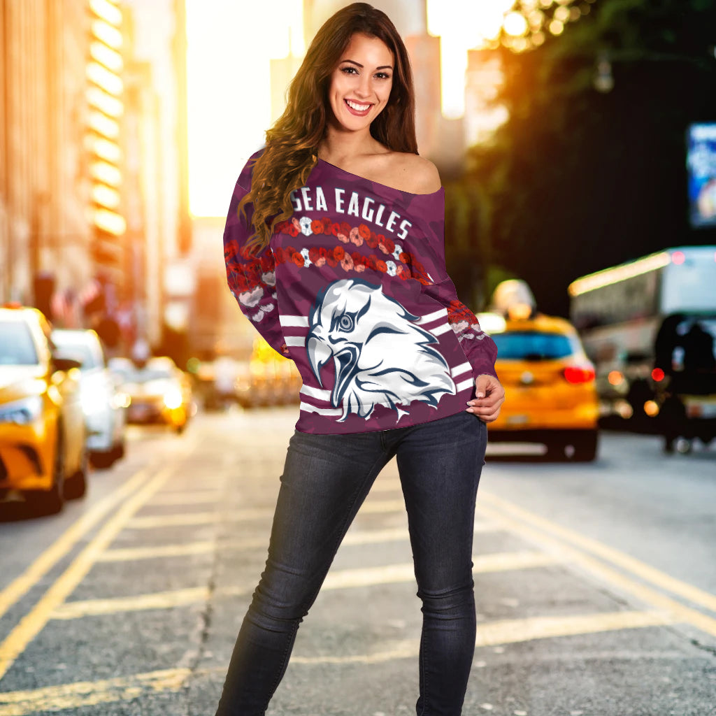 Sea Eagles Anzac Day Women Off Shoulder Sweater Poppy Lest We Forget LT13