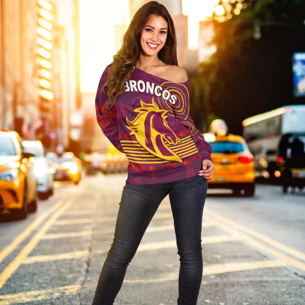 Broncos Anzac Day Women Off Shoulder Sweater Aboriginal Lest We Forget Ver.01 LT13
