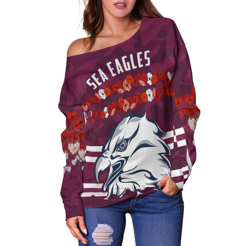 Sea Eagles Anzac Day Women Off Shoulder Sweater Poppy Lest We Forget LT13
