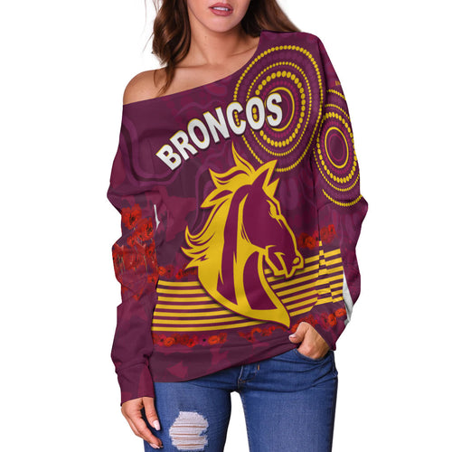 Broncos Anzac Day Women Off Shoulder Sweater Aboriginal Lest We Forget Ver.01 LT13