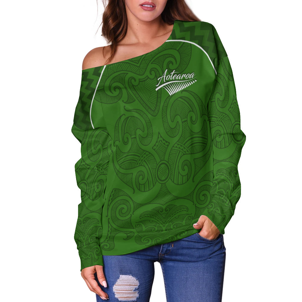 Maori 2021 Off Shoulder Sweater - Green Aotearoa Tattoo LT13 - Vibe Hoodie