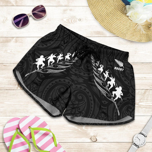 New Zealand Shorts, Rugby Haka Fern Women's All Over Print Board Shorts - Vibe Hoodie