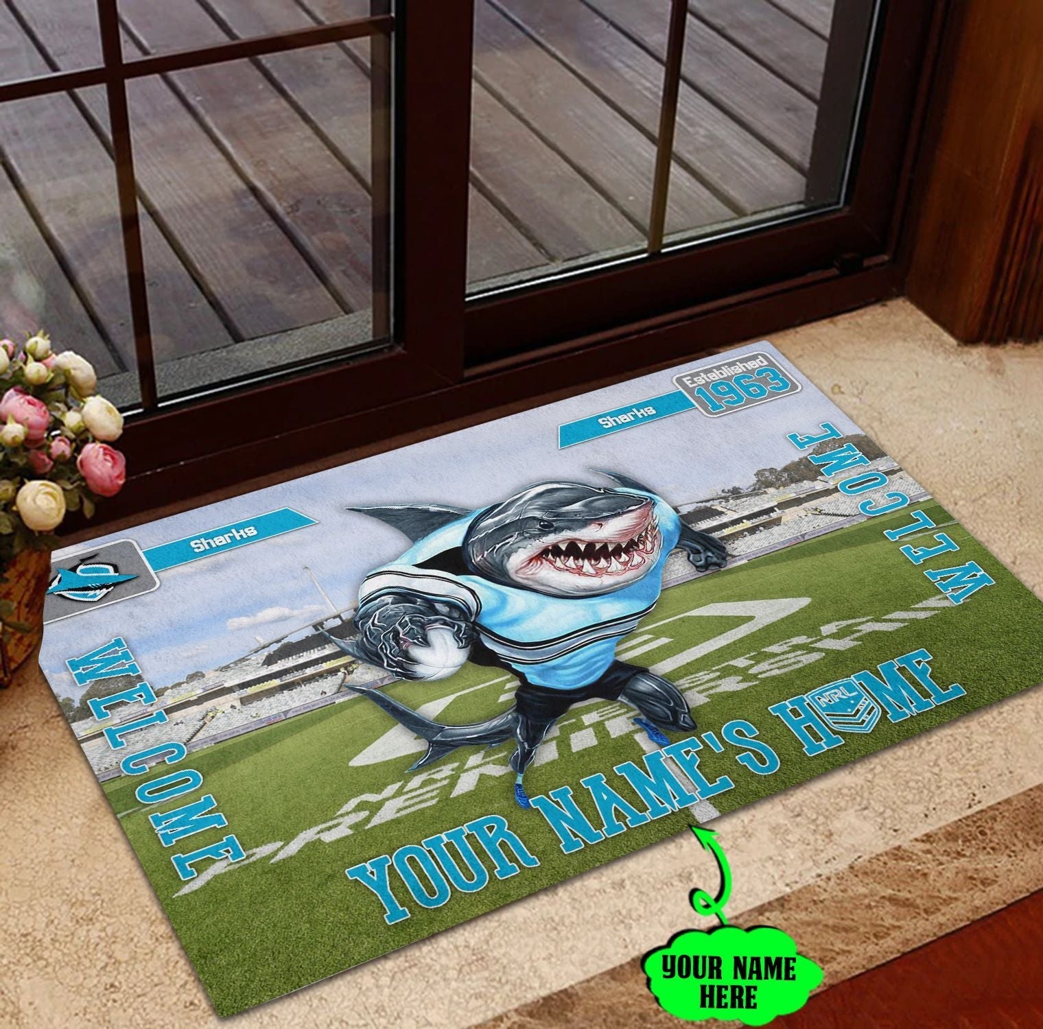 cronulla-sutherland-sharks-3d-mascot-personalized-welcome-to-my-home-doormat