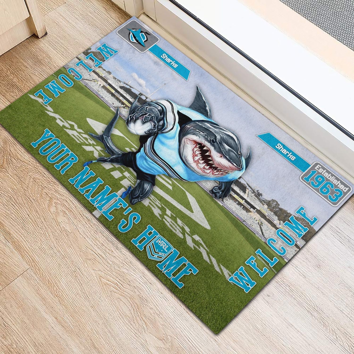 cronulla-sutherland-sharks-3d-mascot-personalized-welcome-to-my-home-doormat