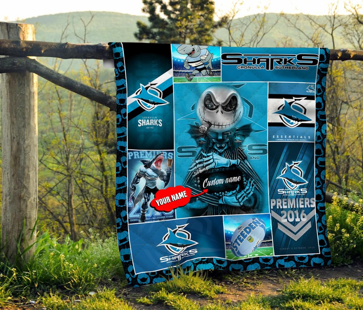cronulla-sutherland-sharks-quilt-blanket-nrl-quilt-blanket-personalized-jack-skellington