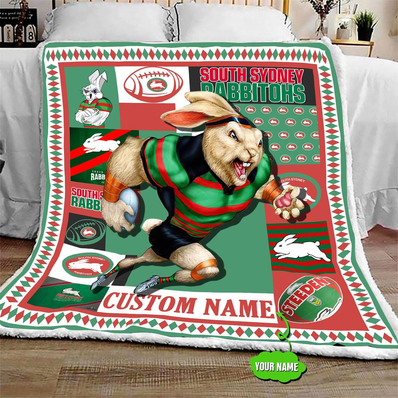 personalized-south-sydney-rabbitohs-mascot-quilt-blanket-nrl