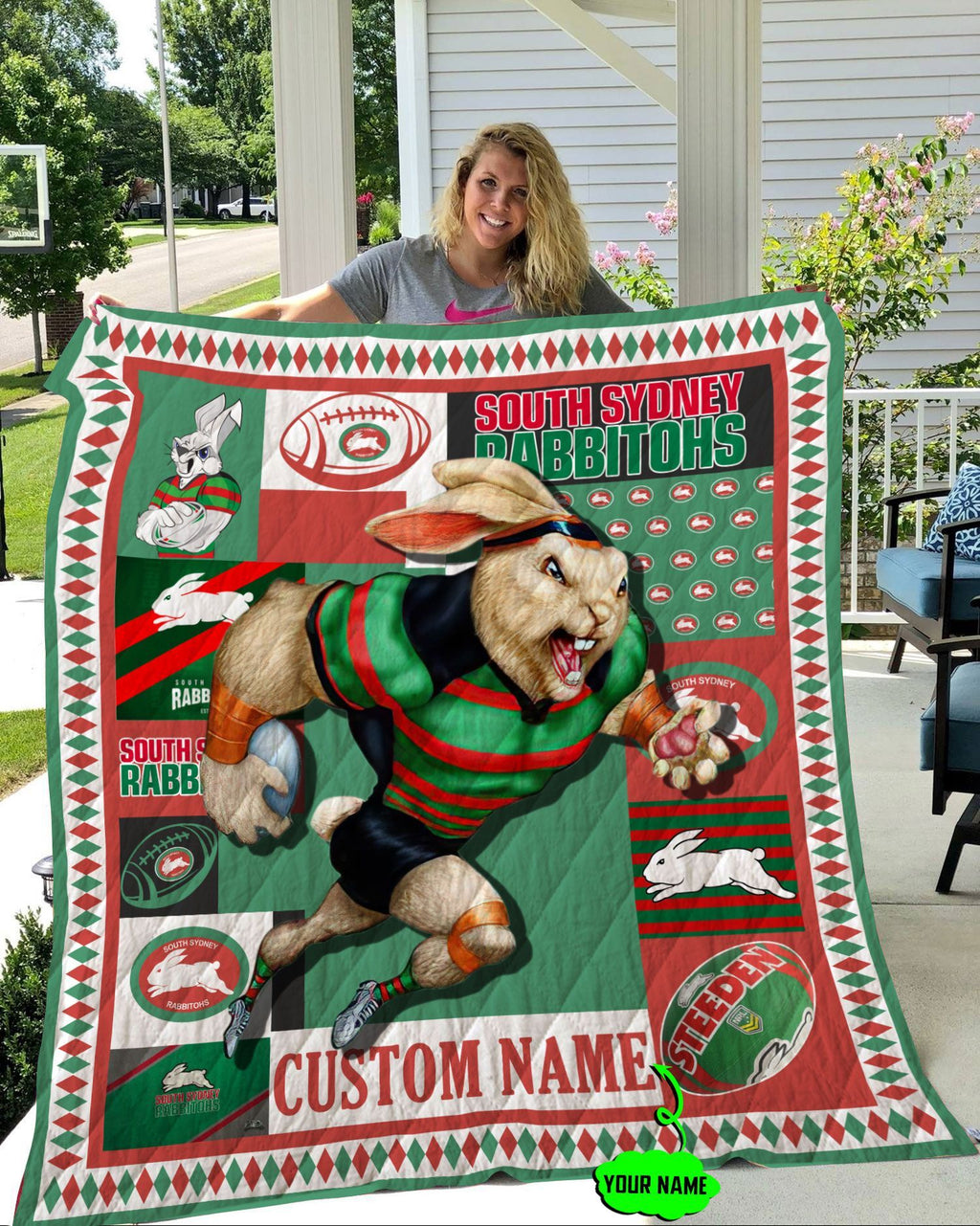 personalized-south-sydney-rabbitohs-mascot-quilt-blanket-nrl