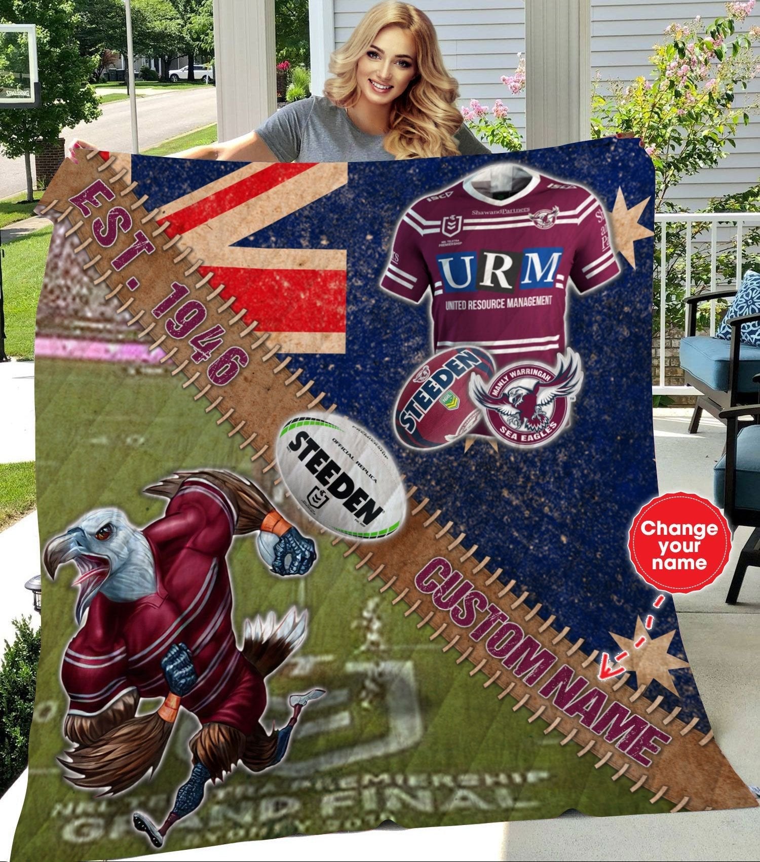 personalized-manly-warringah-sea-eagles-stadium-mascot-quilt-blanket-nrl