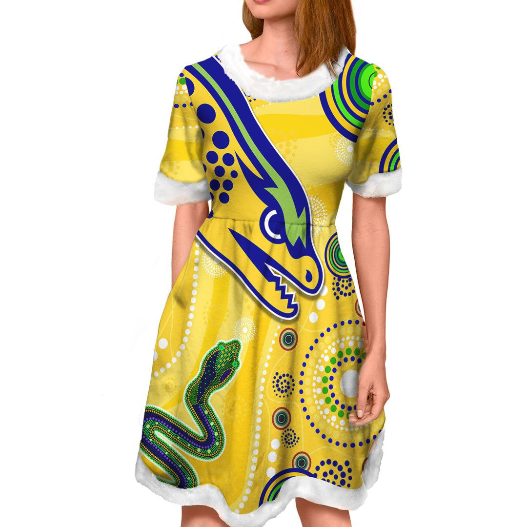 vibe-hoodie-dress-parramatta-eels-indigenous-yellow-rugby-team-christmas-dress
