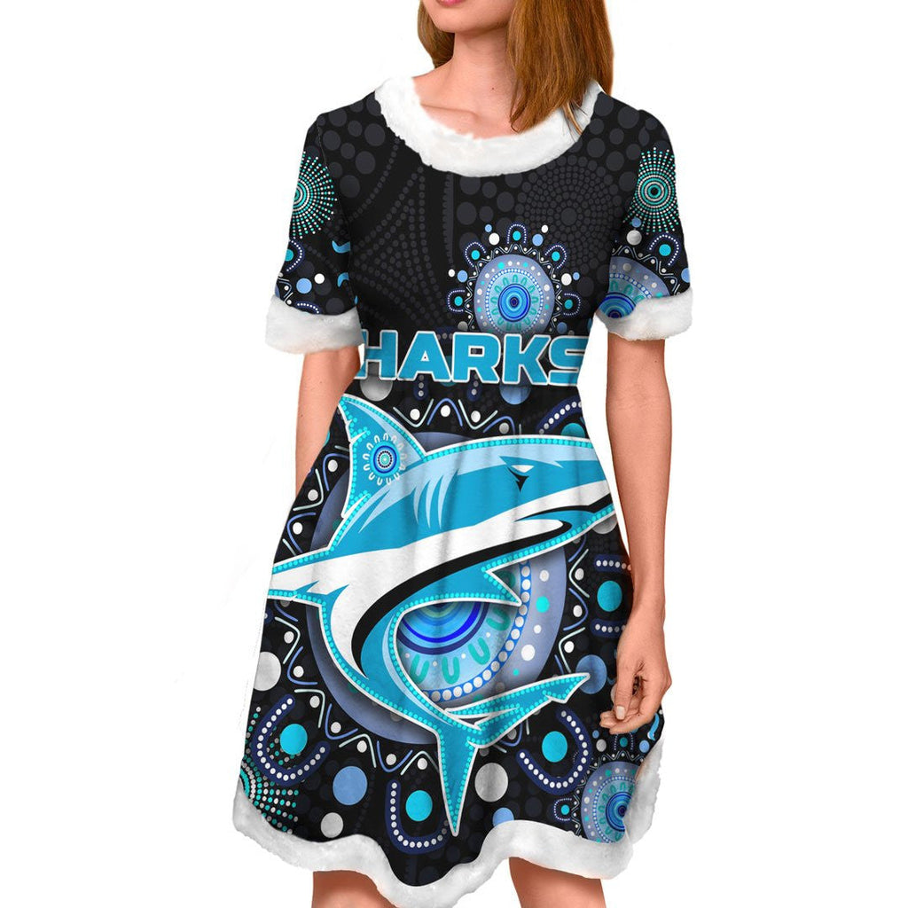 vibe-hoodie-dress-cronulla-sutherland-sharks-indigenous-black-rugby-team-christmas-dress