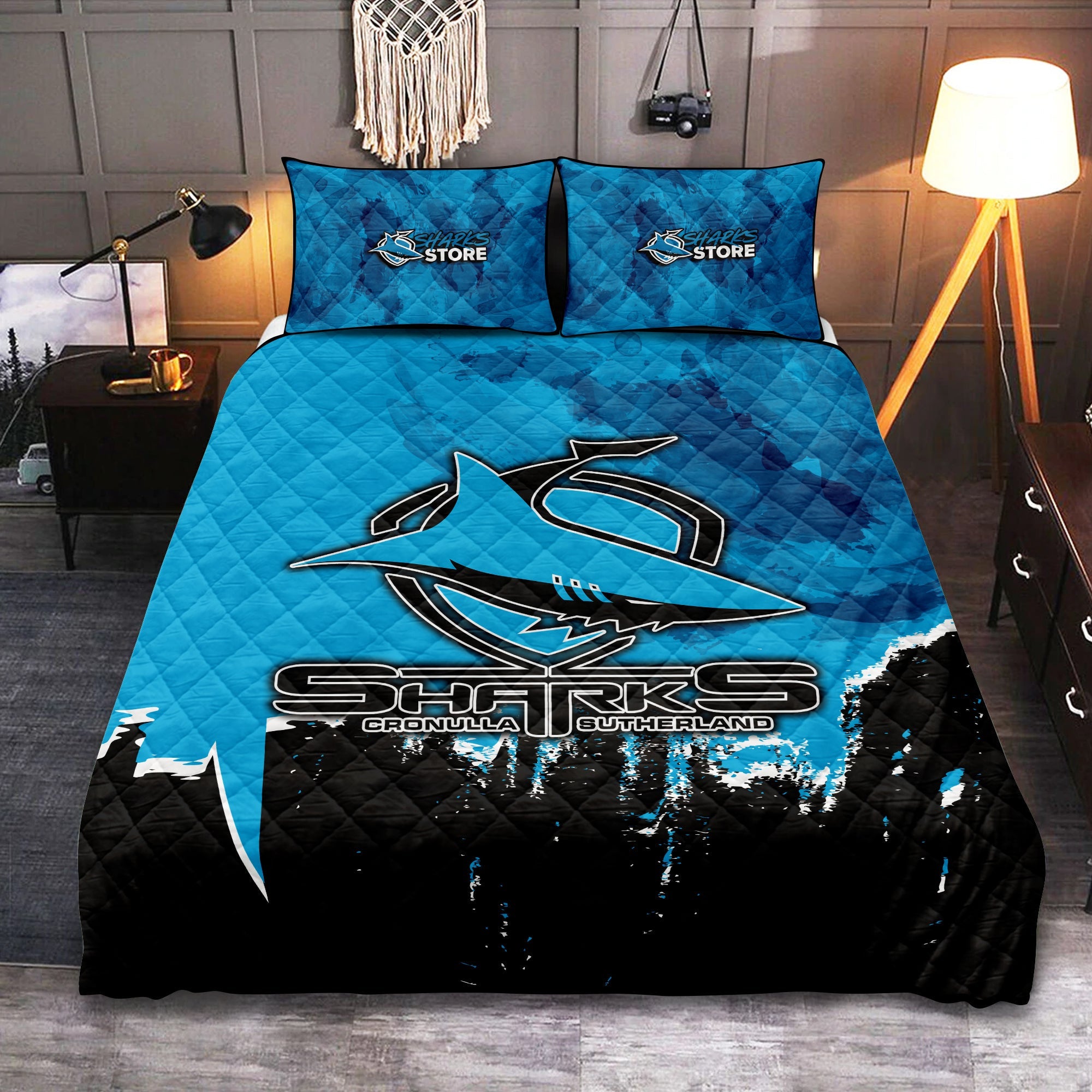 cronulla-sutherland-sharks-quilt-bed-set-net-pattern-grunge-style-nrl