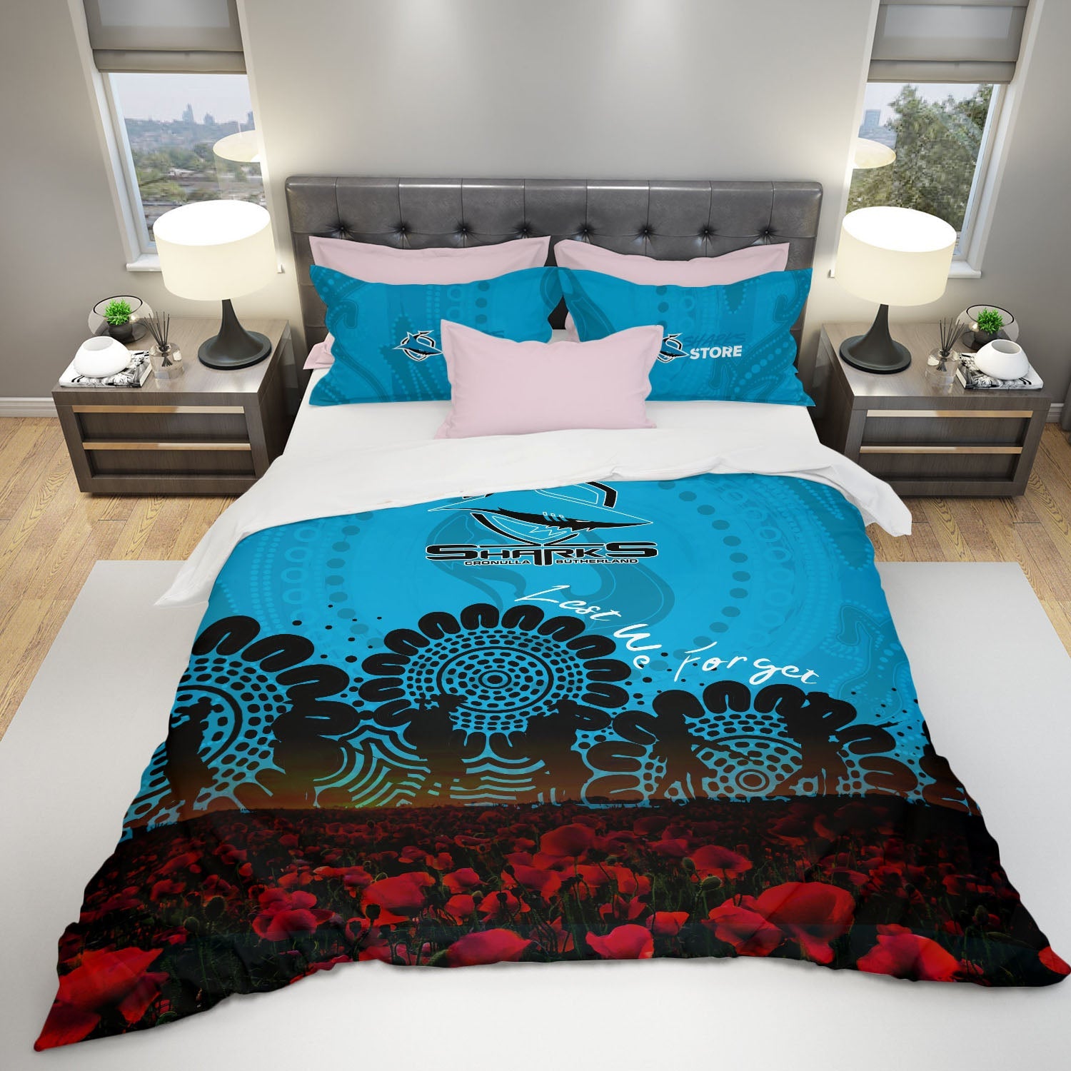 cronulla-sutherland-sharks-bedding-set-aboriginal-rugby-anzac-day-poppy-with-soldiers-nrl