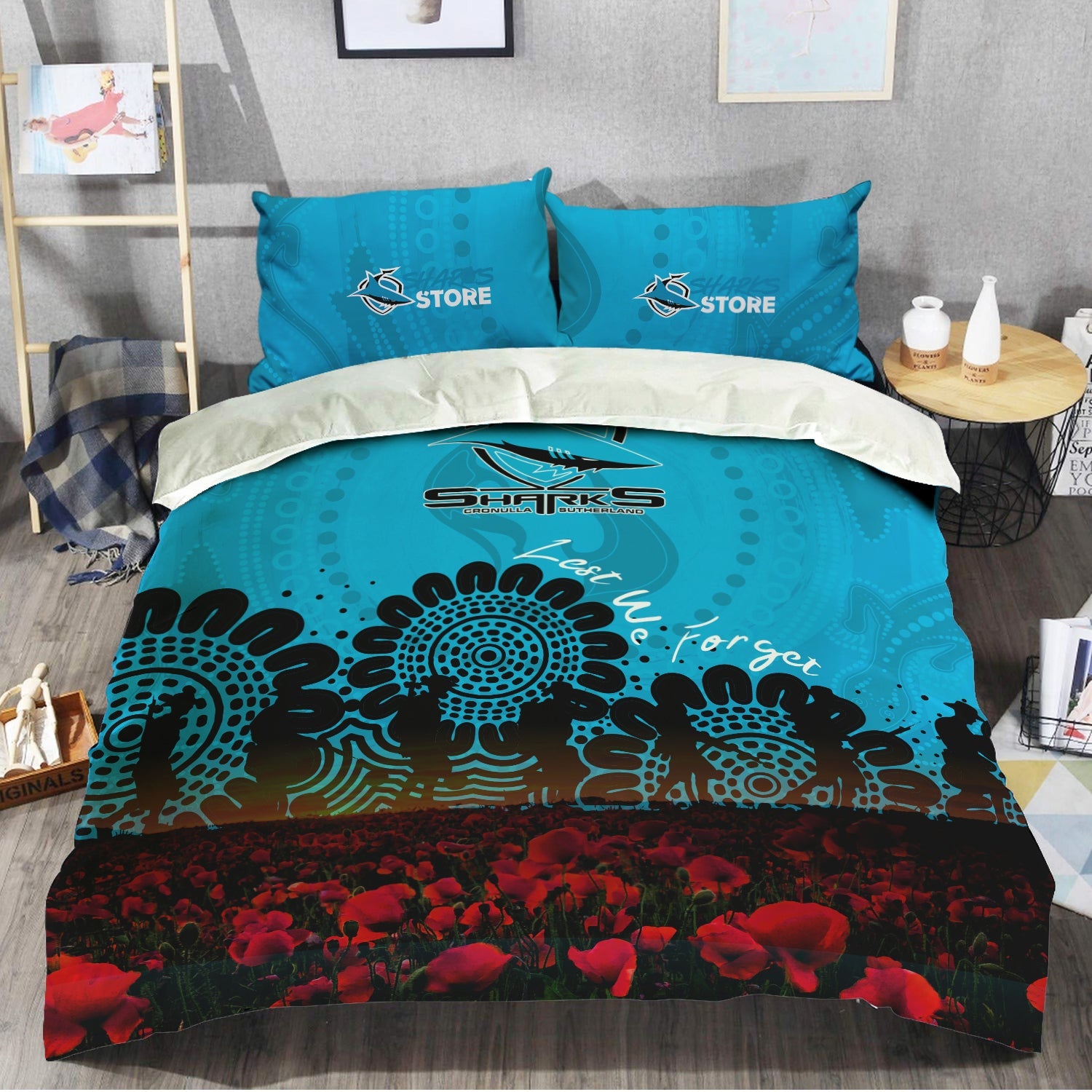 cronulla-sutherland-sharks-bedding-set-aboriginal-rugby-anzac-day-poppy-with-soldiers-nrl