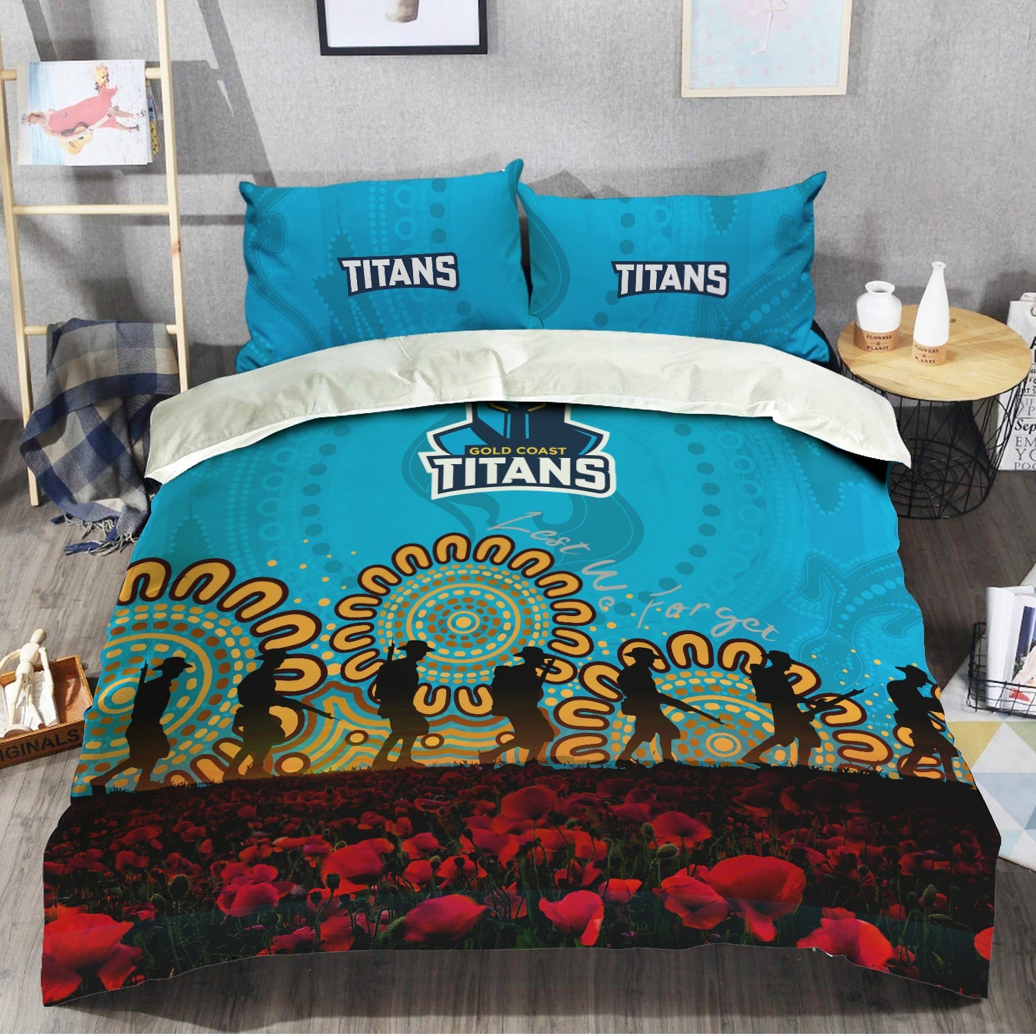 gold-coast-titans-bedding-set-aboriginal-rugby-anzac-day-poppy-with-soldiers-nrl