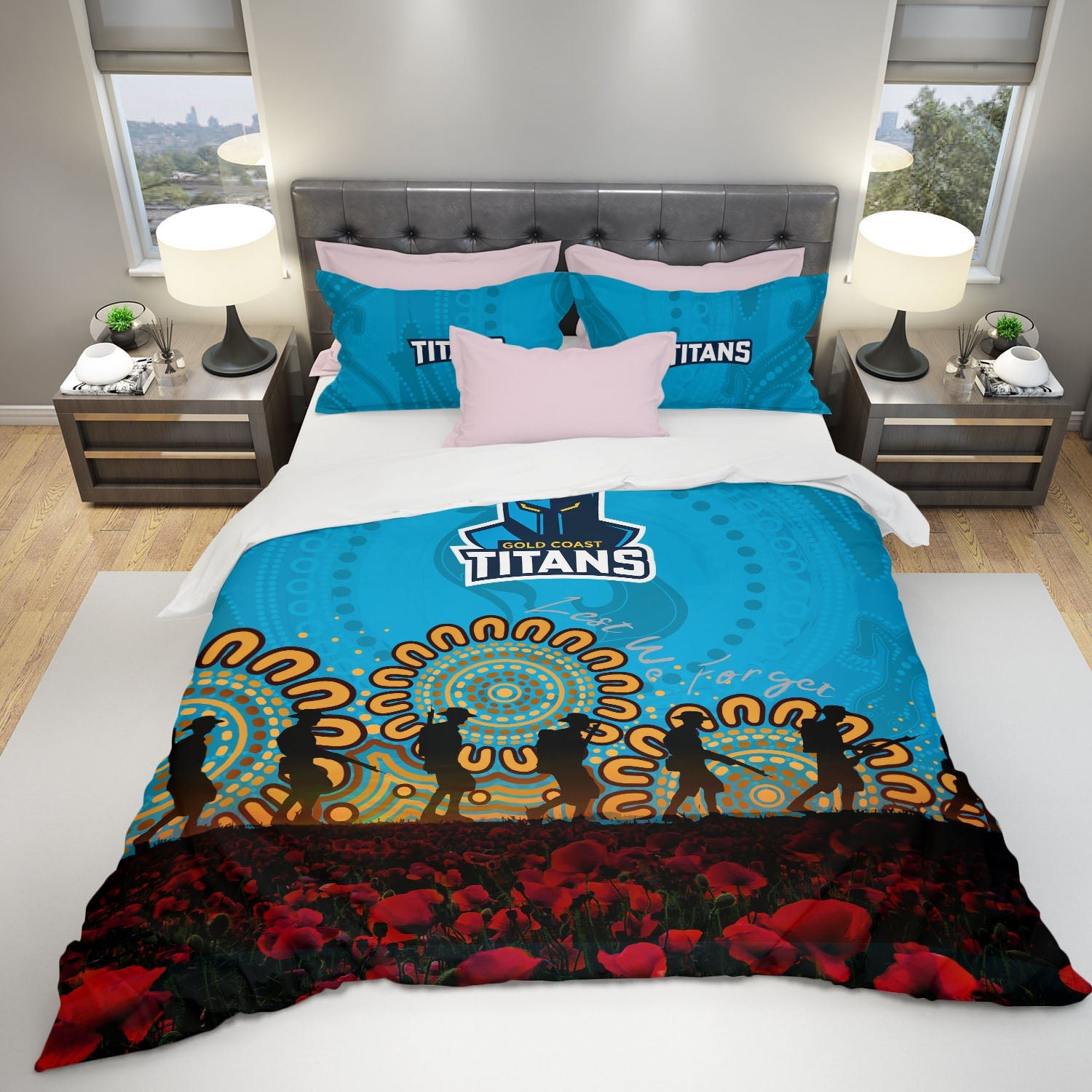 gold-coast-titans-bedding-set-aboriginal-rugby-anzac-day-poppy-with-soldiers-nrl